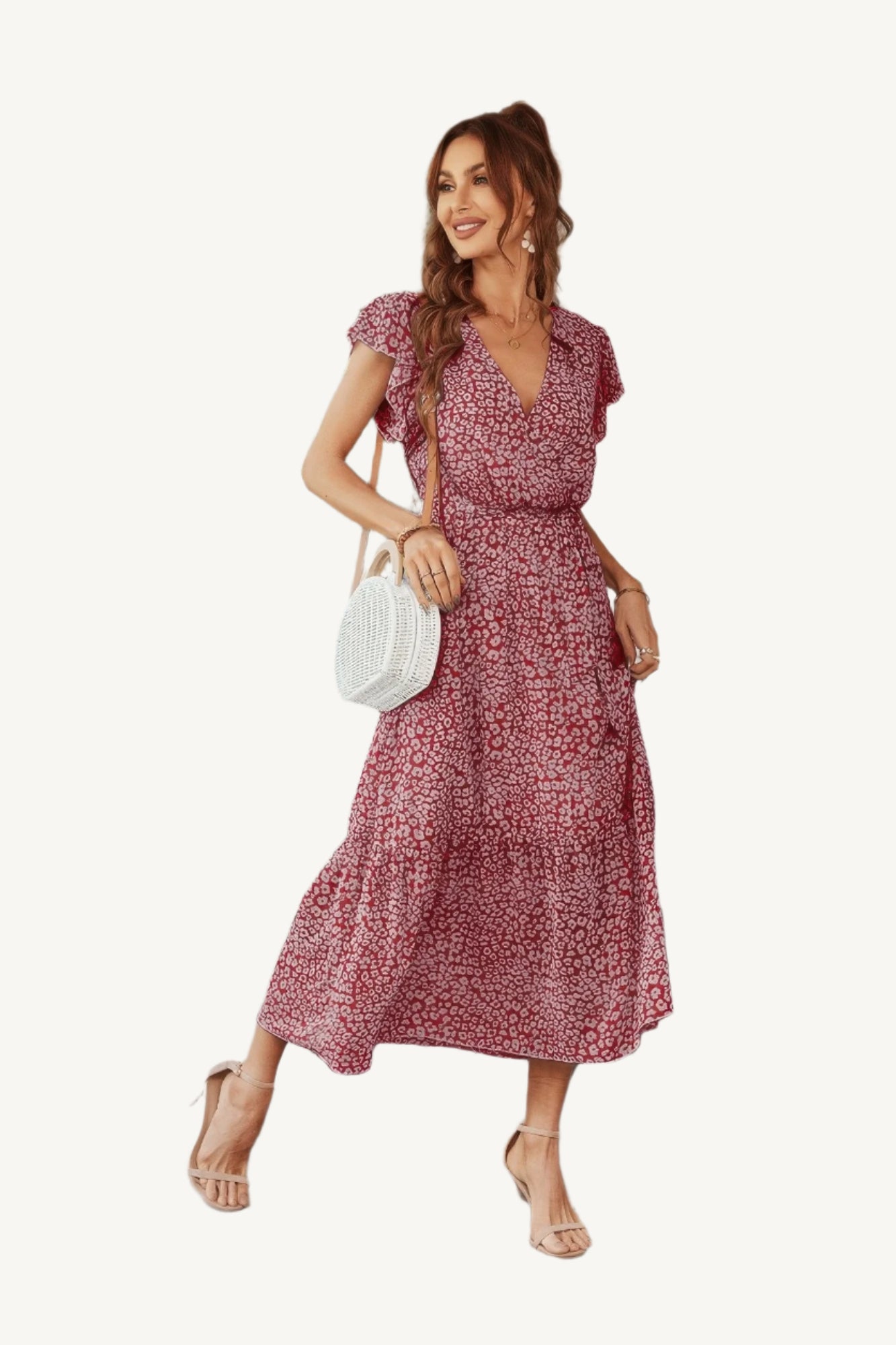 Floral V-neck dress with ruffle short sleeves and high waist, made from lightweight polyester – fresh, feminine, and perfect for warm-weather days.