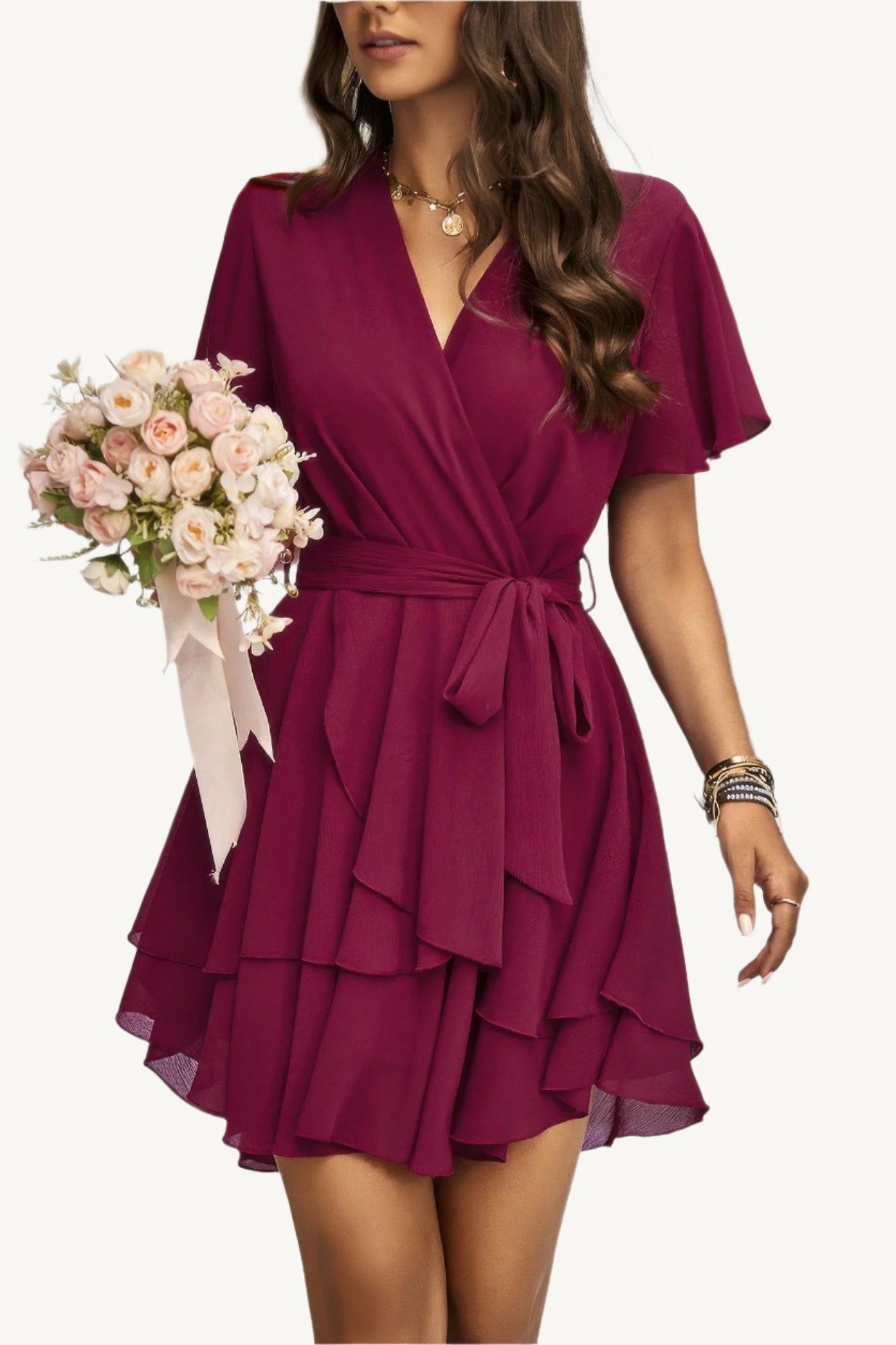Lightweight chiffon dress with layered hem ruffles and a flattering waist tie – flowy, feminine, and perfect for warm-weather occasions.