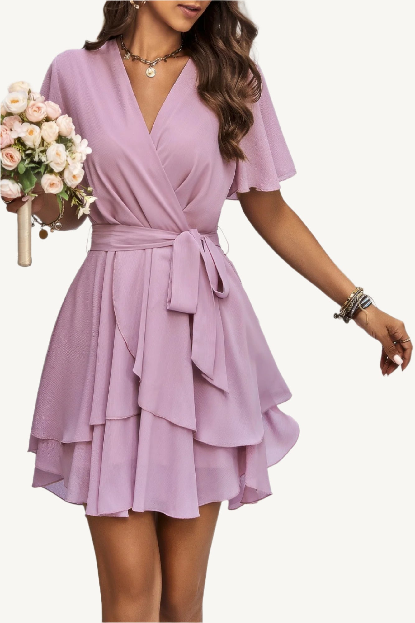 Lightweight chiffon dress with layered hem ruffles and a flattering waist tie – flowy, feminine, and perfect for warm-weather occasions.