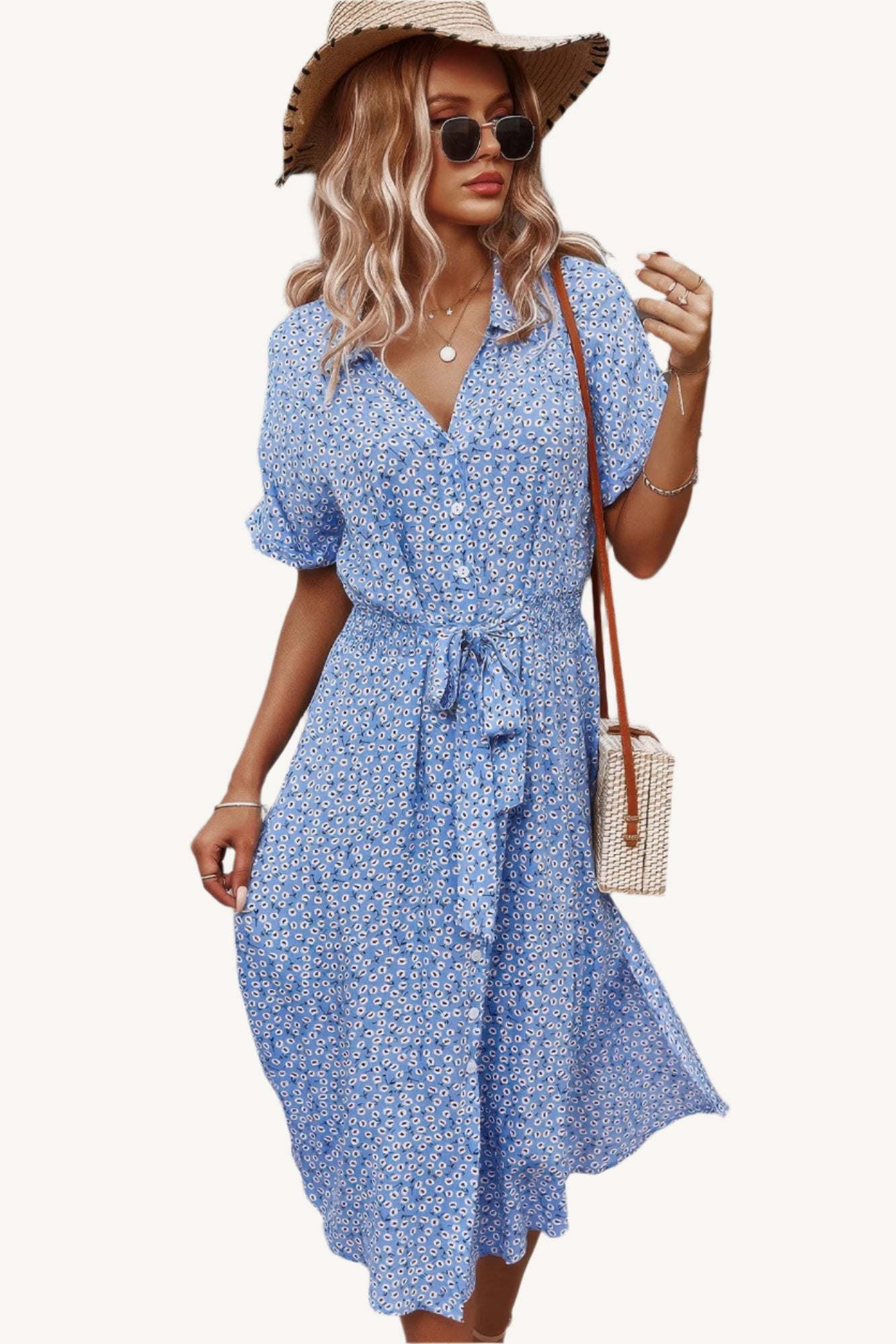 Floral V-neck dress with button-down front, A-line silhouette, and short sleeves – made from soft, breathable viscose for effortless warm-weather style.