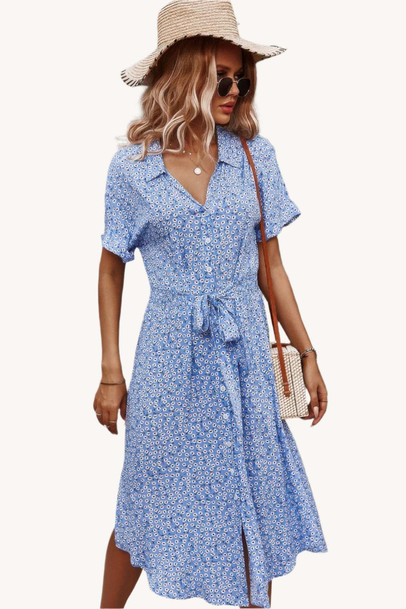 Floral V-neck dress with button-down front, A-line silhouette, and short sleeves – made from soft, breathable viscose for effortless warm-weather style.