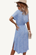 Floral V-neck dress with button-down front, A-line silhouette, and short sleeves – made from soft, breathable viscose for effortless warm-weather style.