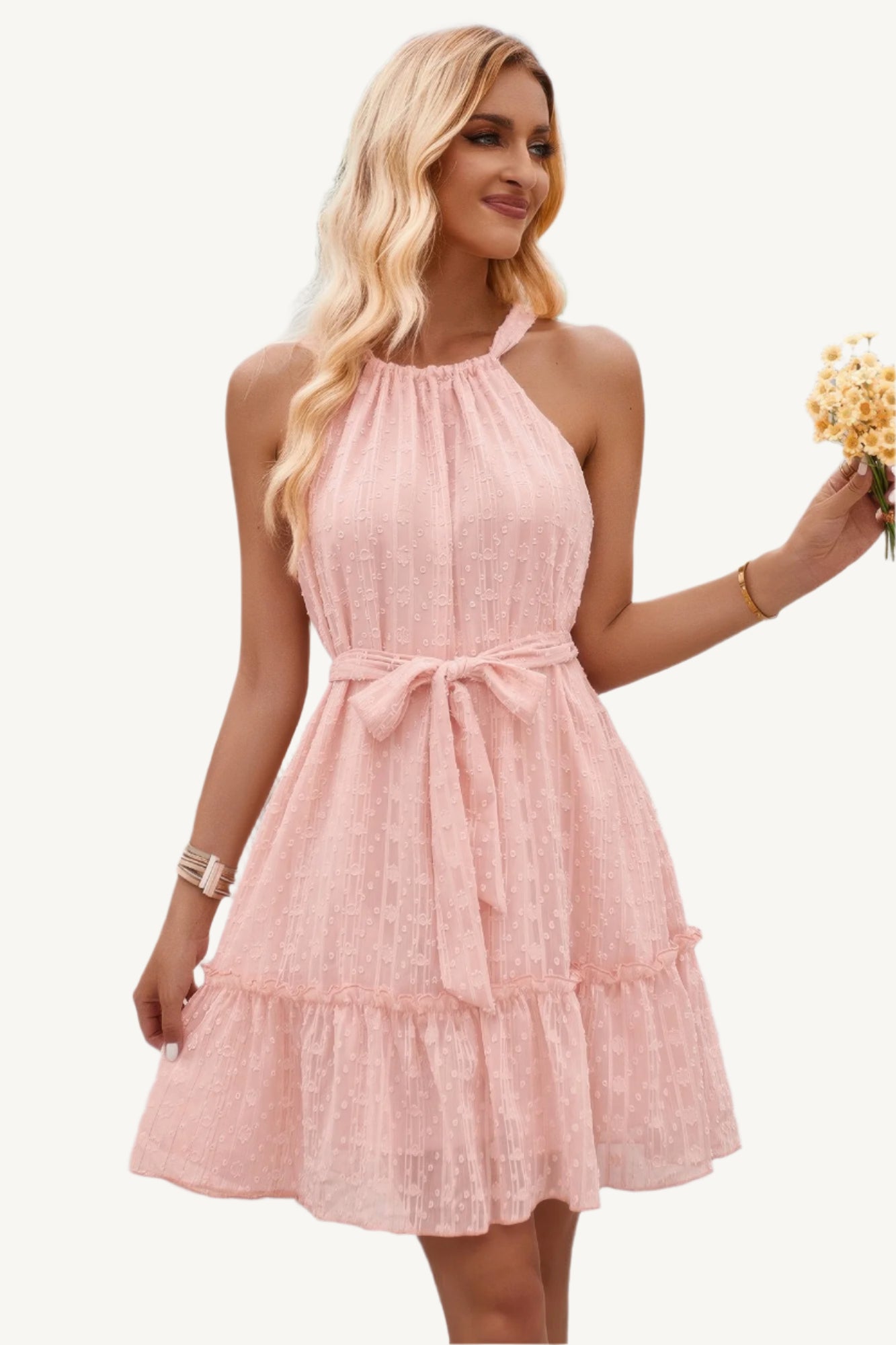 Solid halter neck dress with waist tie and ruffle detailing, made from lightweight polyester – chic, feminine, and perfect for any occasion.