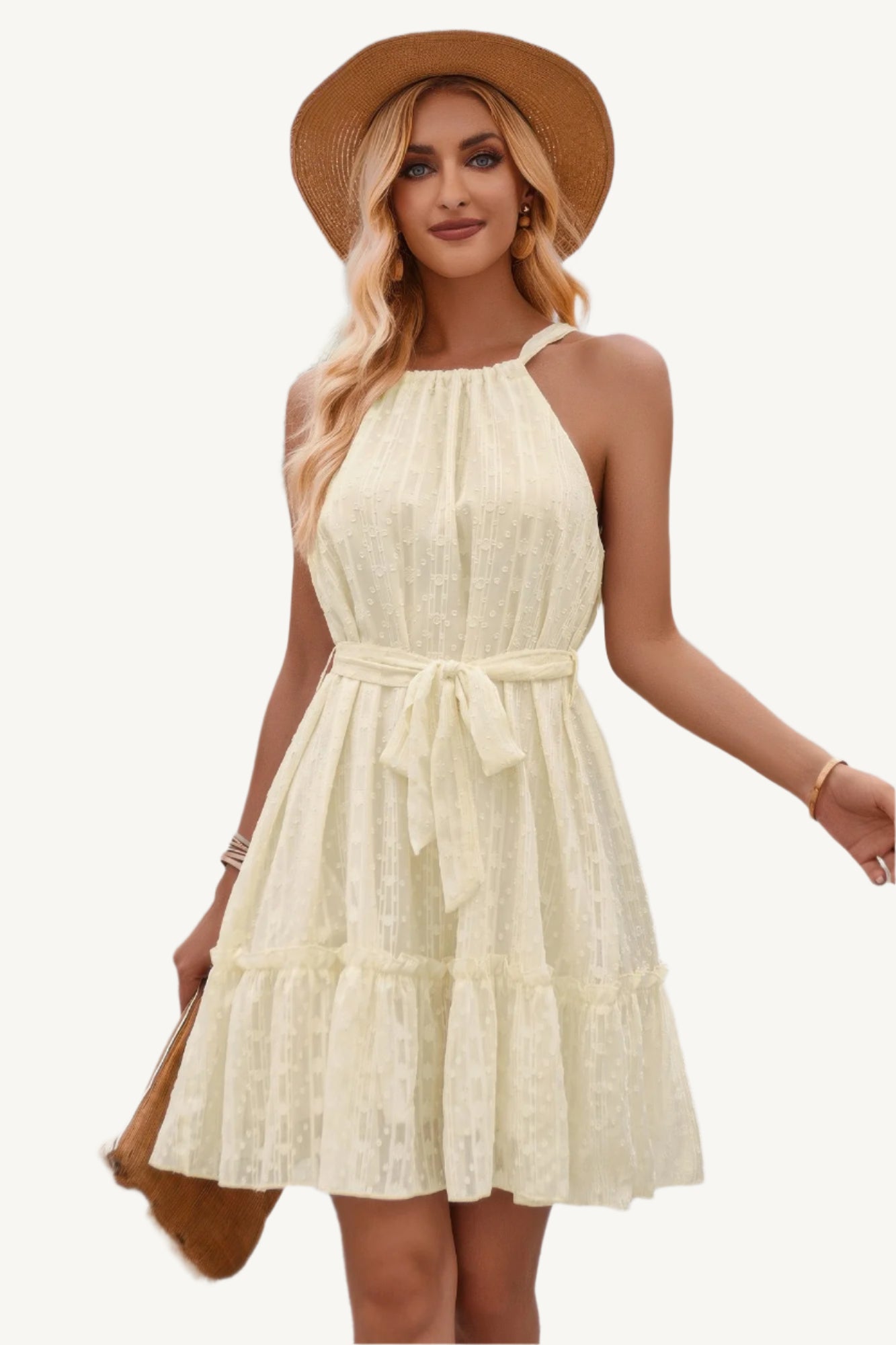 Solid halter neck dress with waist tie and ruffle detailing, made from lightweight polyester – chic, feminine, and perfect for any occasion.
