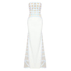 White strapless dress with blue and beige patterned top on a white background