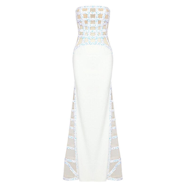 White strapless dress with blue and beige patterned top on a white background