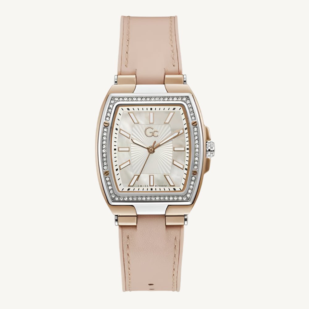 "Elegant GC Couture Tonneau Y90003L1MF ladies watch with silver-tone tonneau-shaped case, stainless steel bracelet, and chic feminine design."