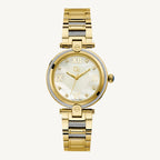 Elegant ladies' gold-tone stainless steel wristwatch with a white mother-of-pearl dial, sapphire glass, and stone-set face, water-resistant up to 100 meters.