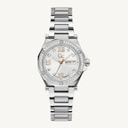 Stylish multifunctional ladies' silver-tone stainless steel watch with white dial, sapphire glass, stone-set case and face, featuring weekday and date display, water-resistant to 100 meters.