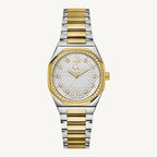 Two-tone silver and gold ladies’ wristwatch with sapphire glass, silver dial, and sparkling stone-set case, featuring Swiss quartz movement and water resistance up to 100 meters.