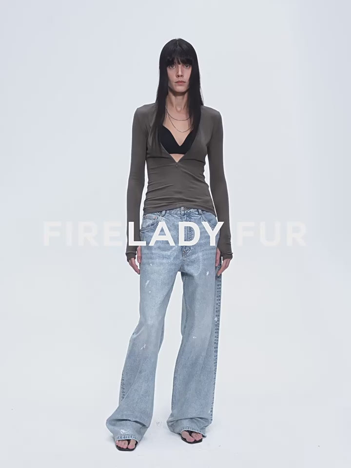 Person wearing a green top and light blue jeans on a white background with 'FIR LADY FUR' text.