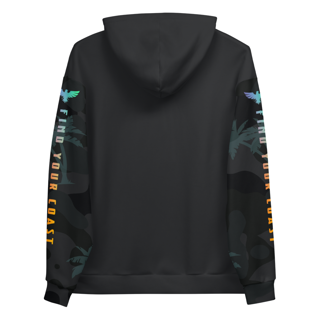 Black hoodie with colorful designs on sleeves and back on a white background