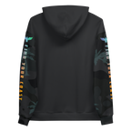 Black hoodie with colorful designs on sleeves and back on a white background