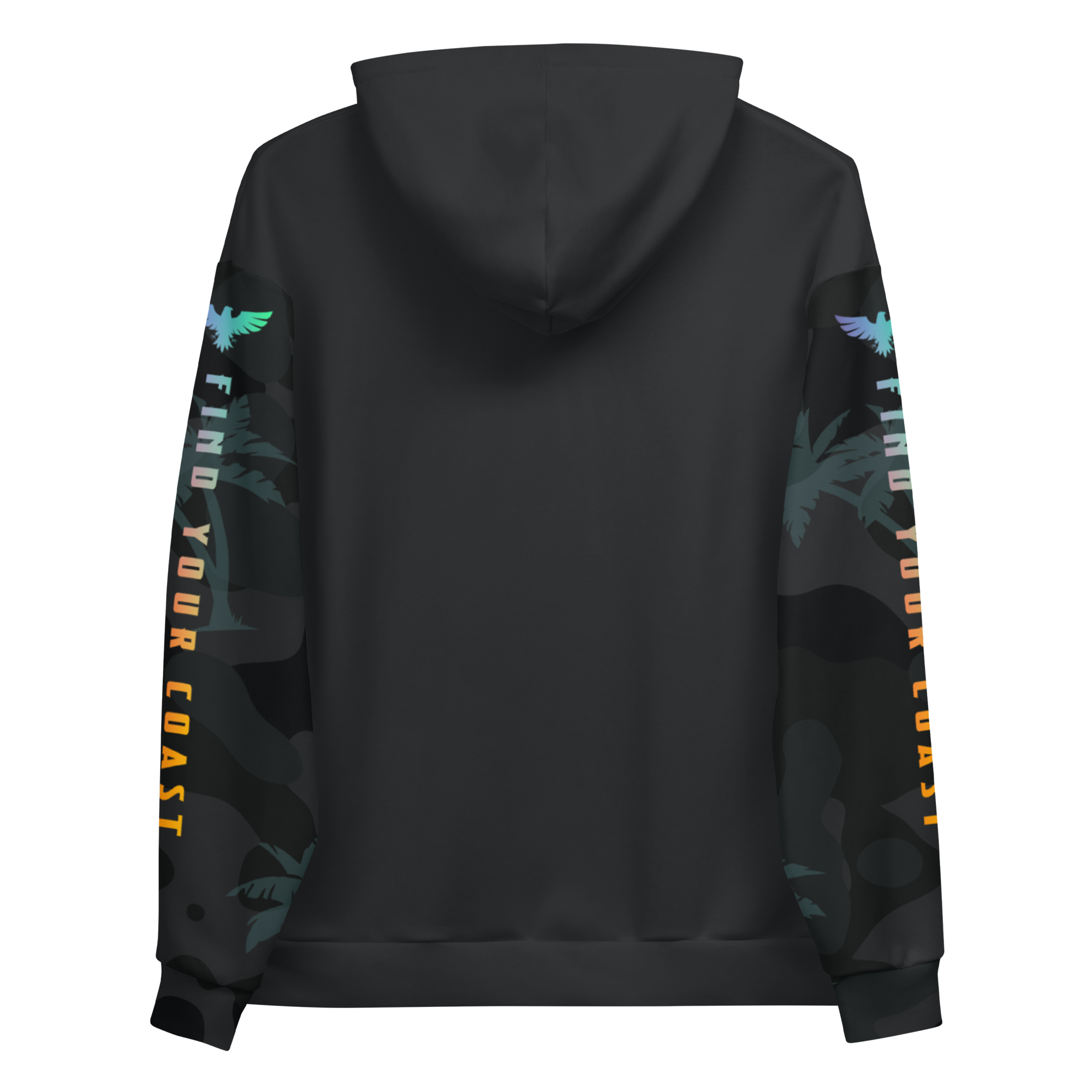 Black hoodie with colorful designs on sleeves and back on a white background