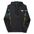 Black hoodie with colorful designs and text on a white background