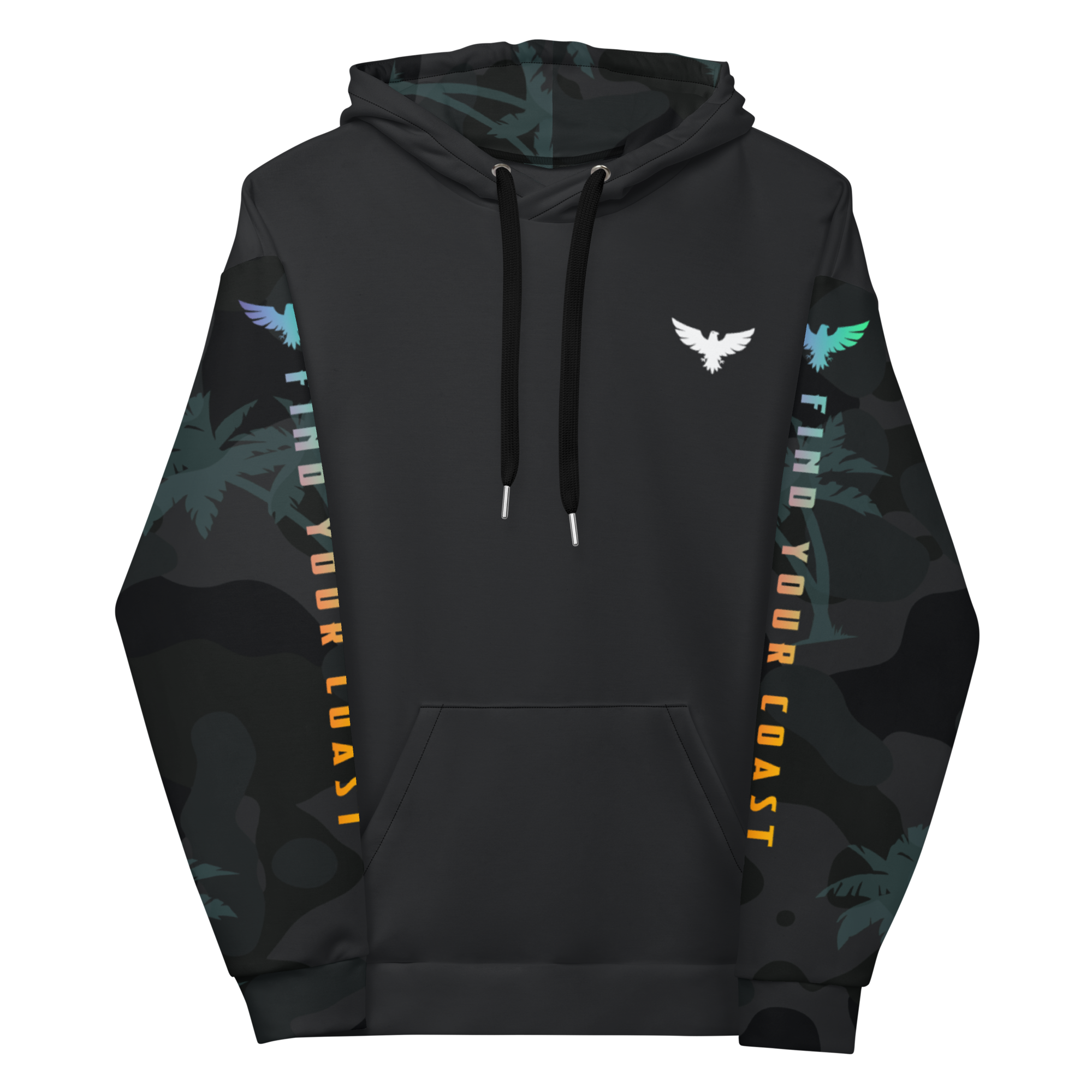 Black hoodie with colorful designs and text on a white background