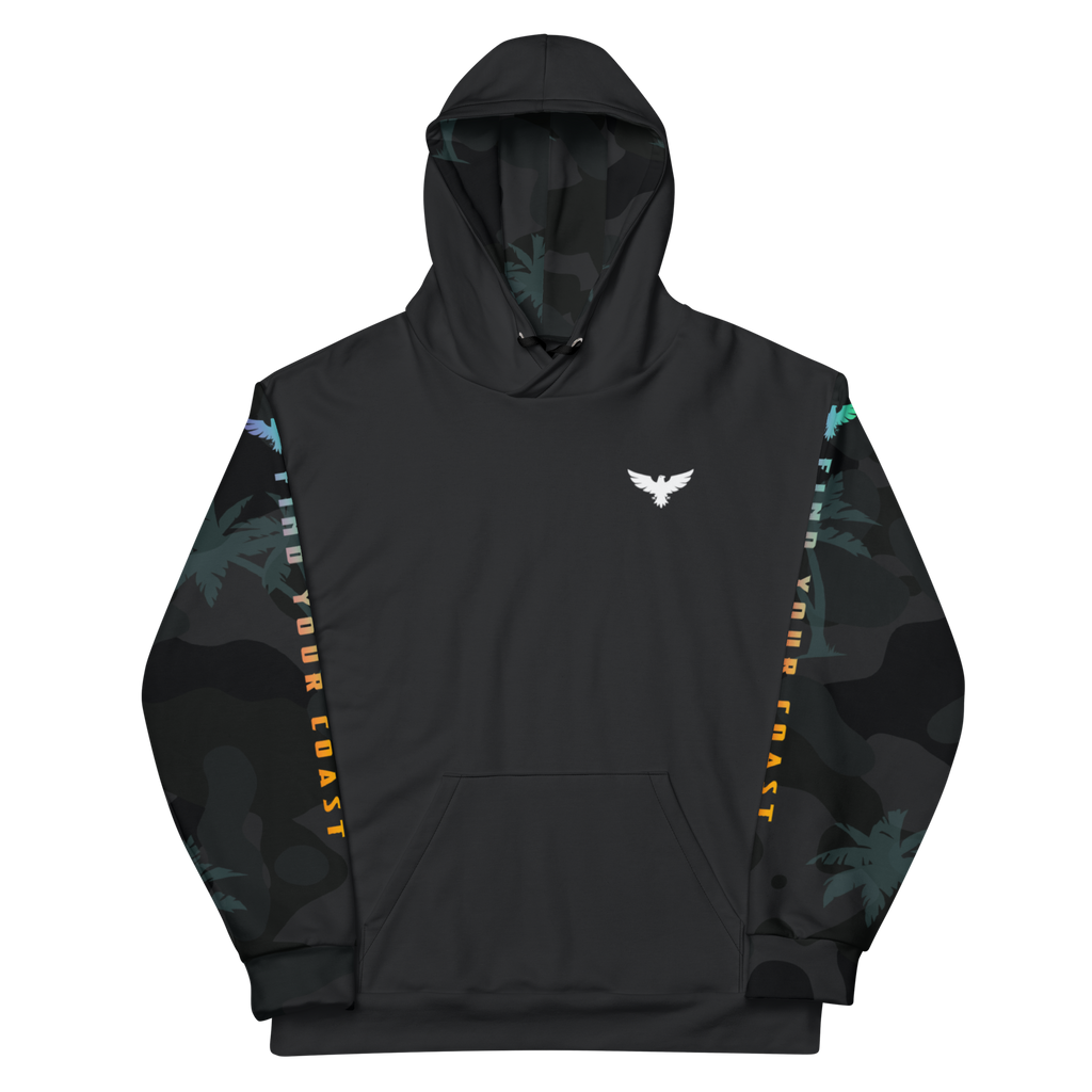 Black hoodie with palm tree designs on sleeves against a white background