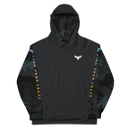 Black hoodie with palm tree designs on sleeves against a white background