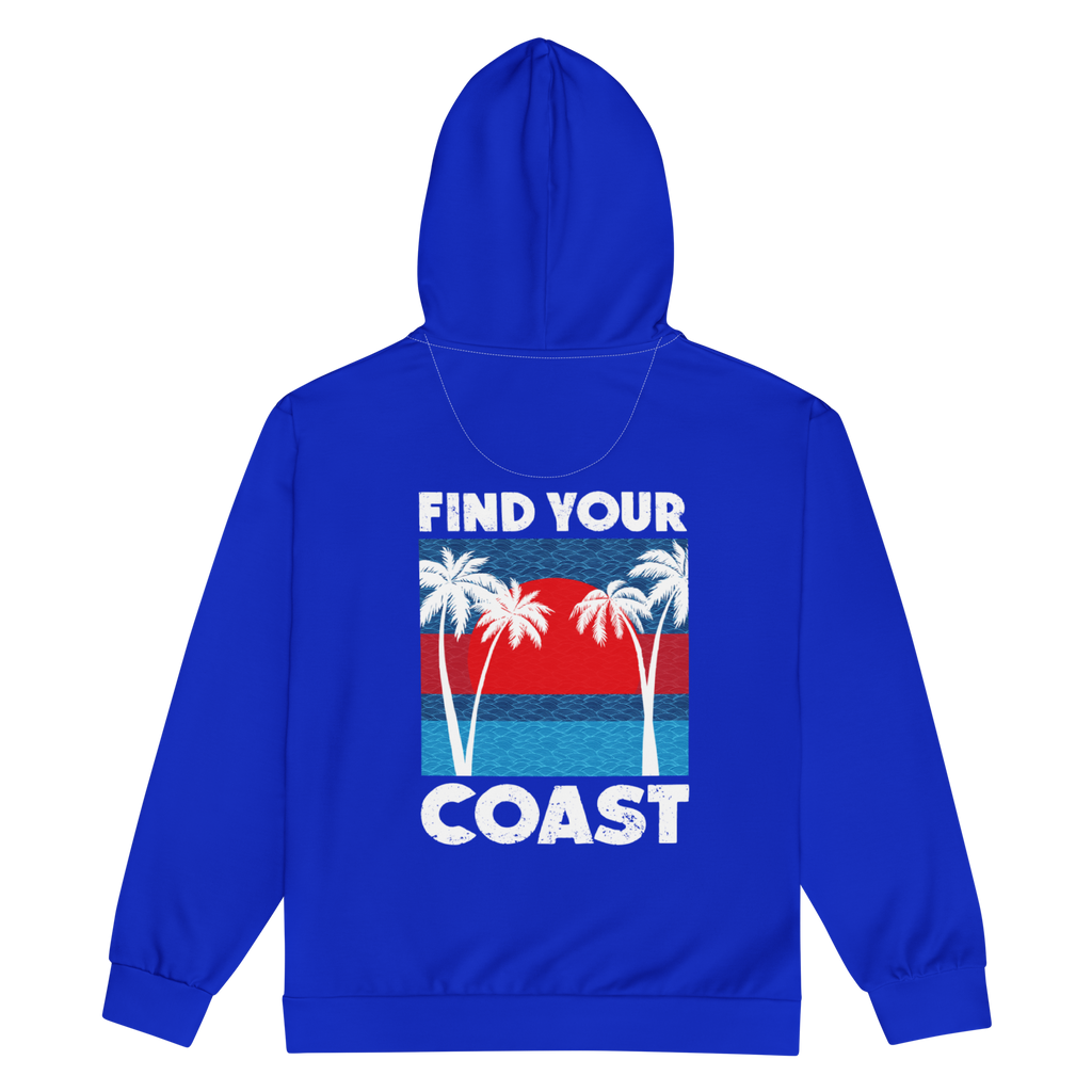Blue hoodie with 'Find Your Coast' graphic on the back against a white background