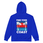 Blue hoodie with 'Find Your Coast' graphic on the back against a white background