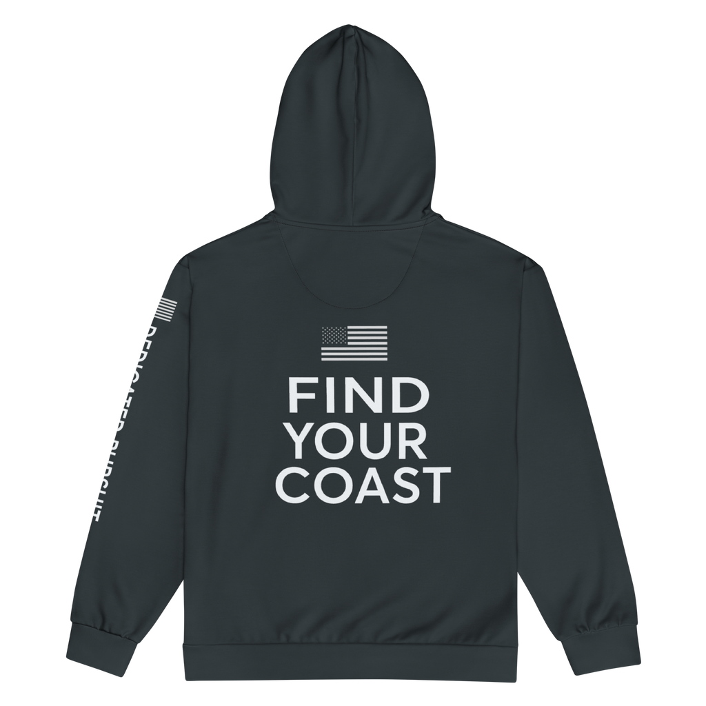 Black hoodie with 'Find Your Coast' text on the back, displayed on a white background