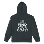 Black hoodie with 'Find Your Coast' text on the back, displayed on a white background