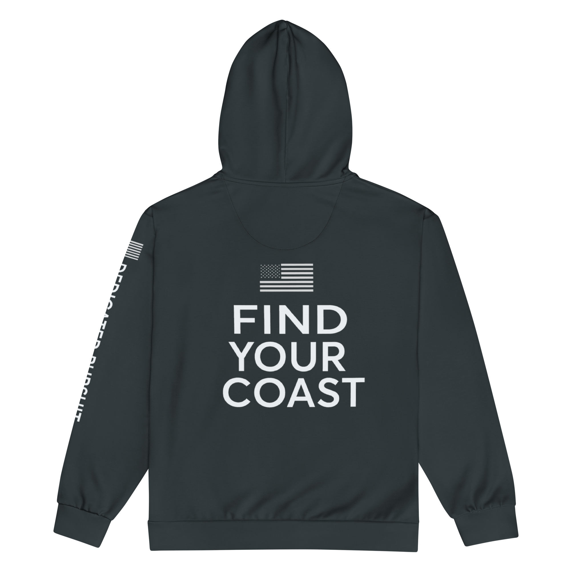Black hoodie with 'Find Your Coast' text on the back, displayed on a white background