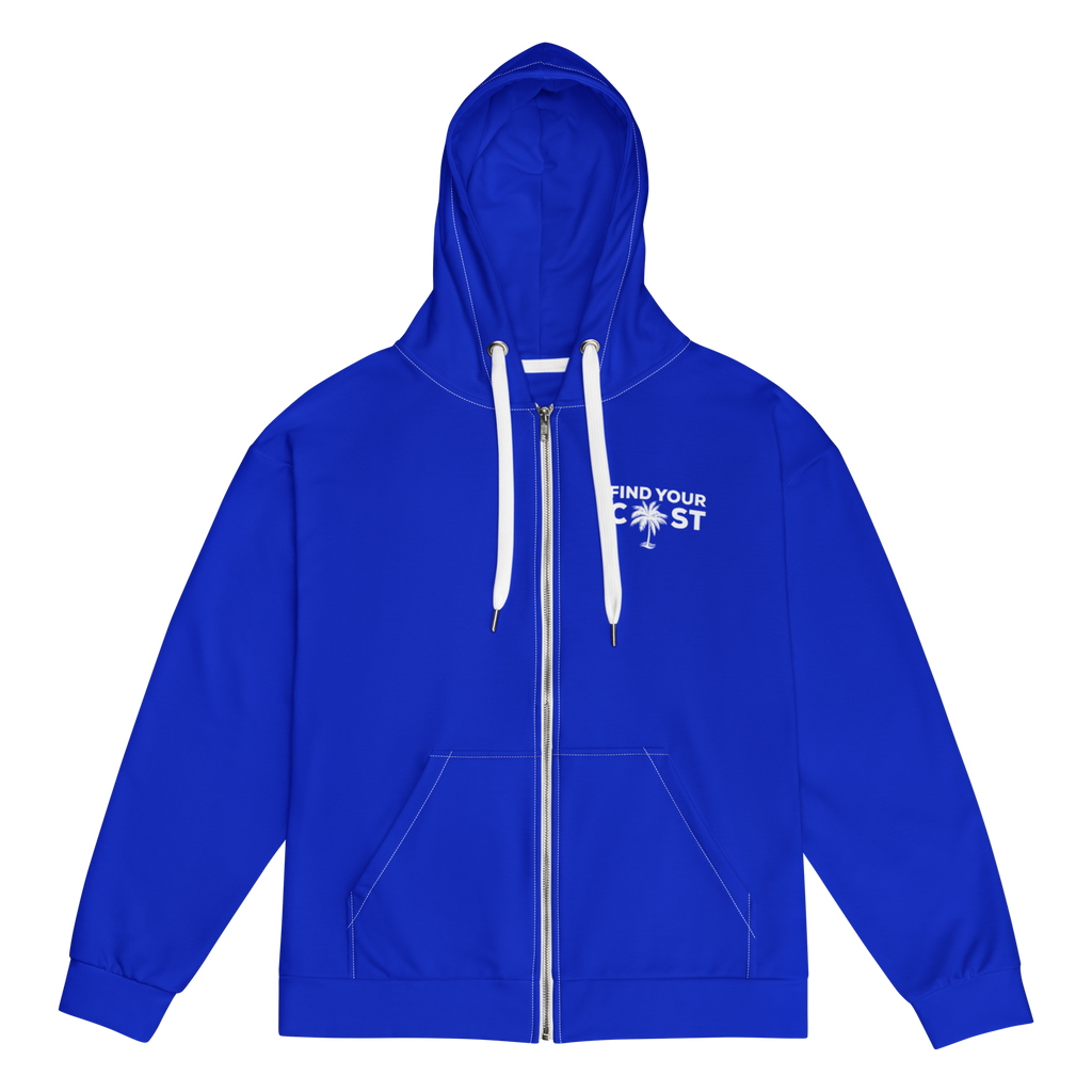 Blue hoodie with white text on a white background