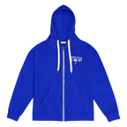 Blue hoodie with white text on a white background