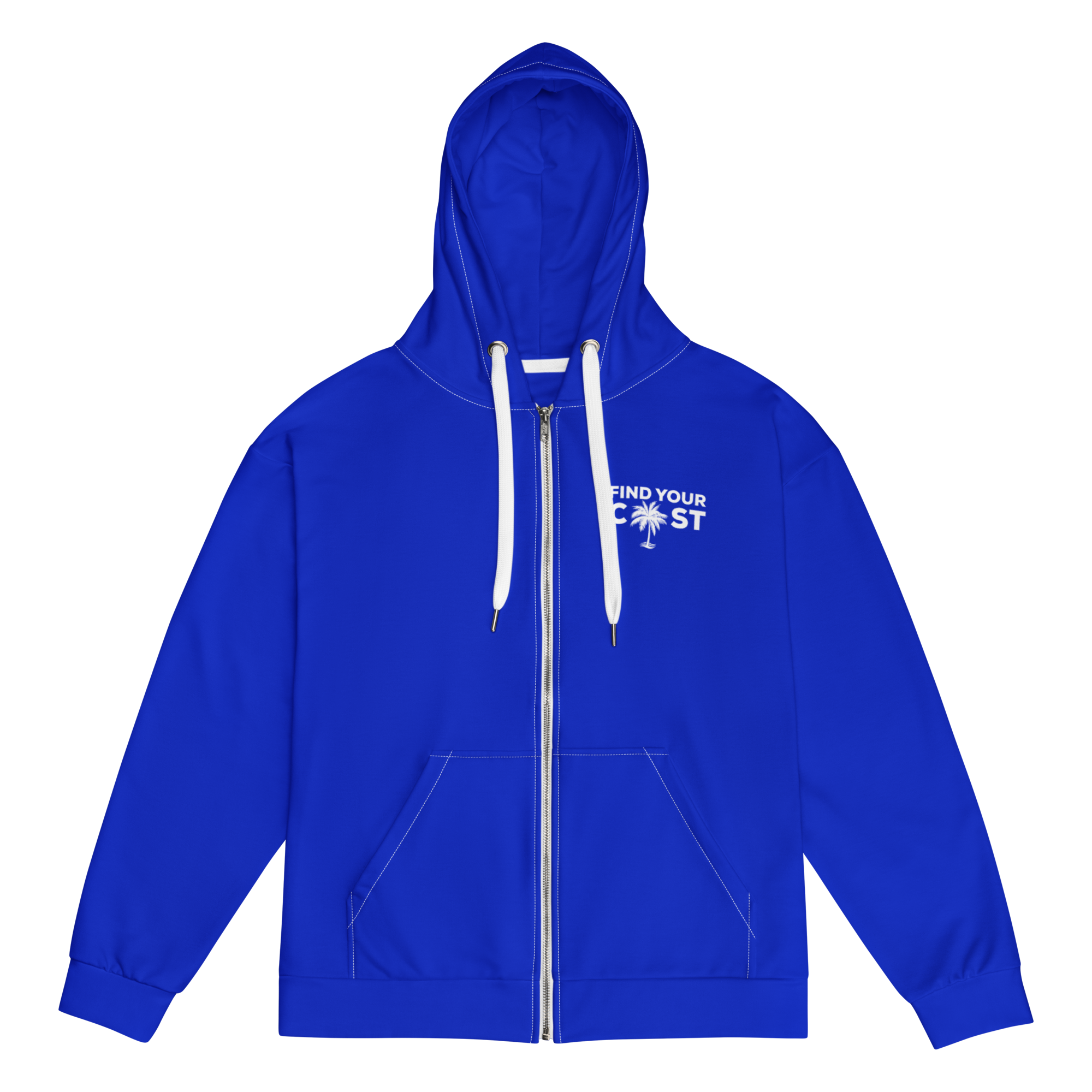 Blue hoodie with white text on a white background