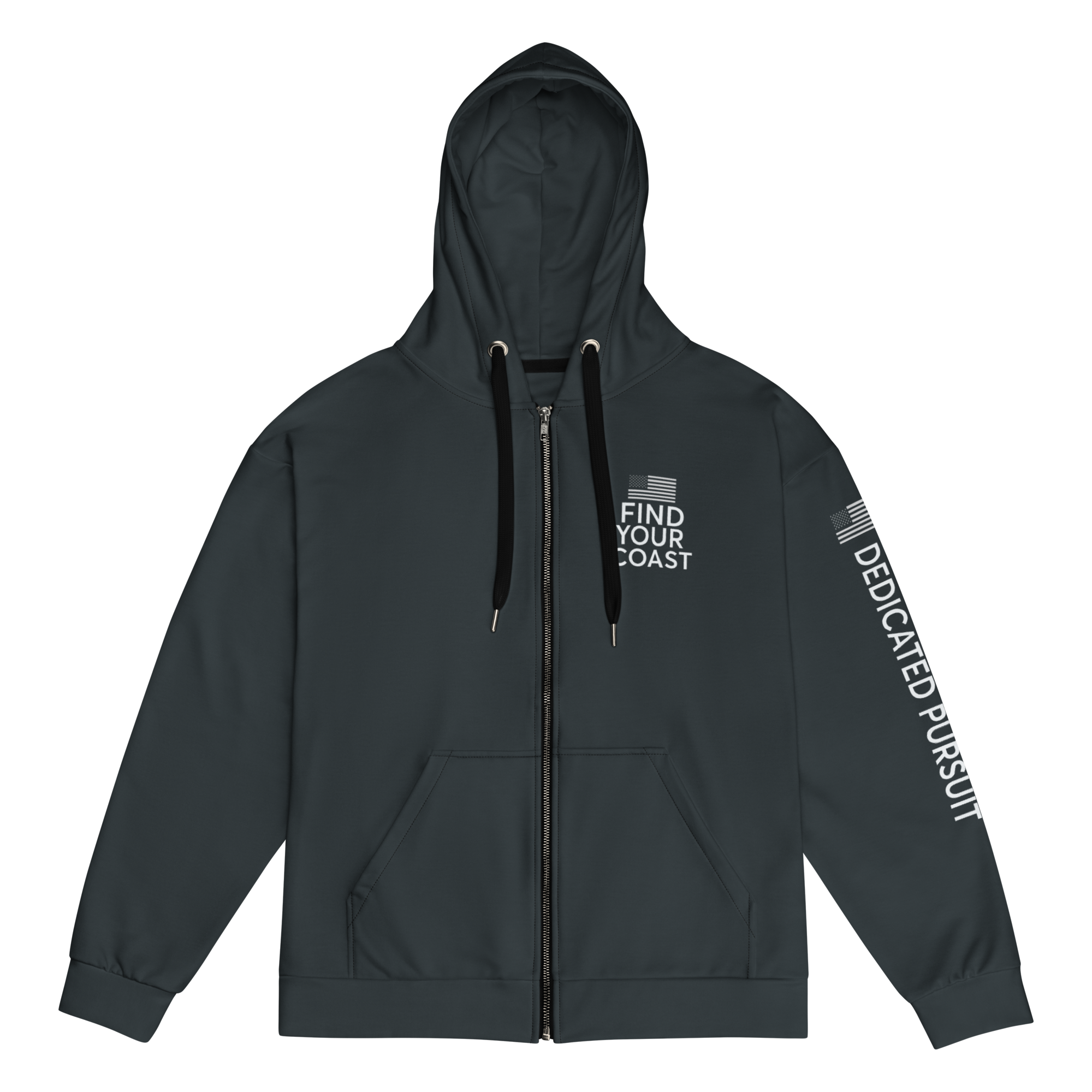 Black hoodie with text on a white background