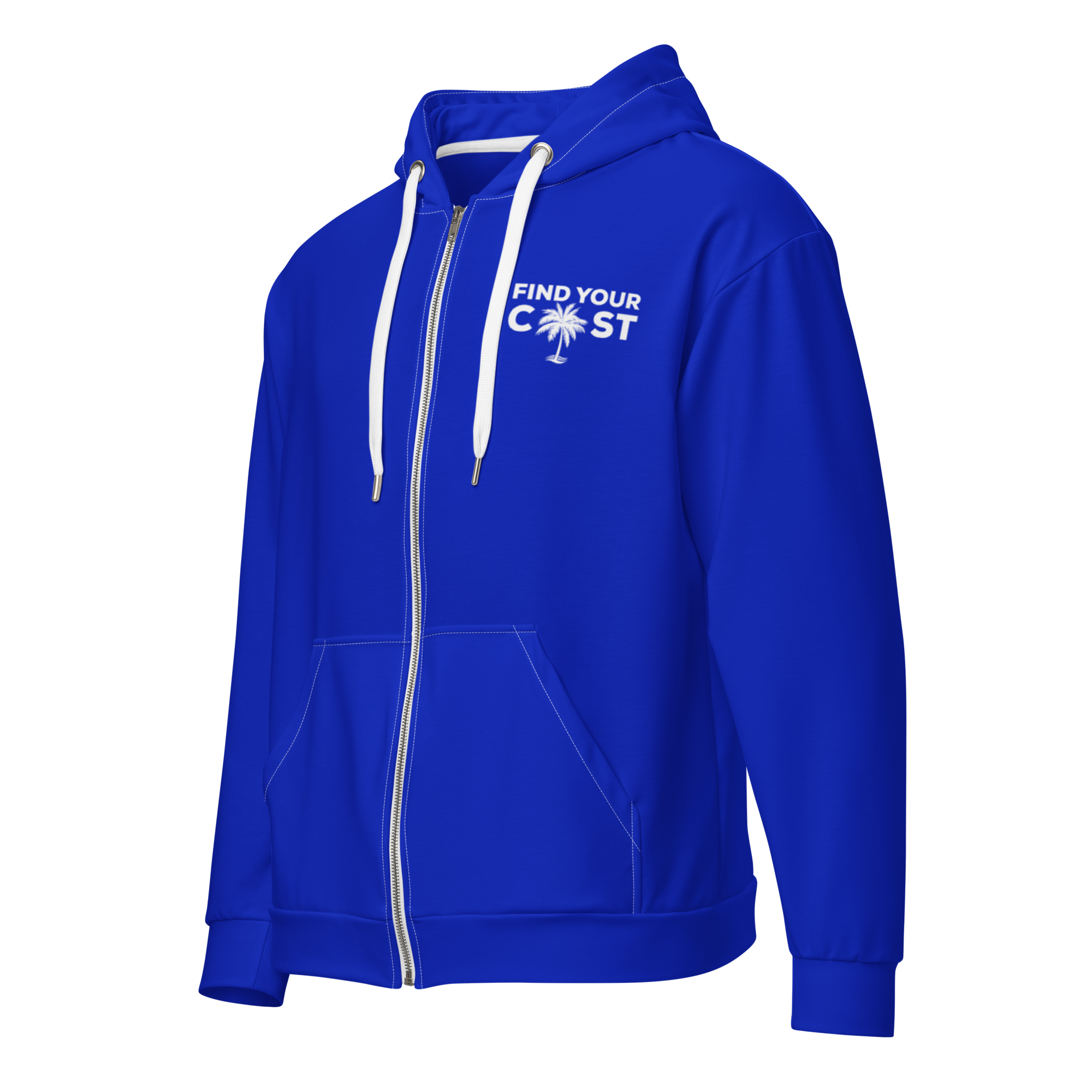 Blue hoodie with 'Find Your Coast' logo on a white background