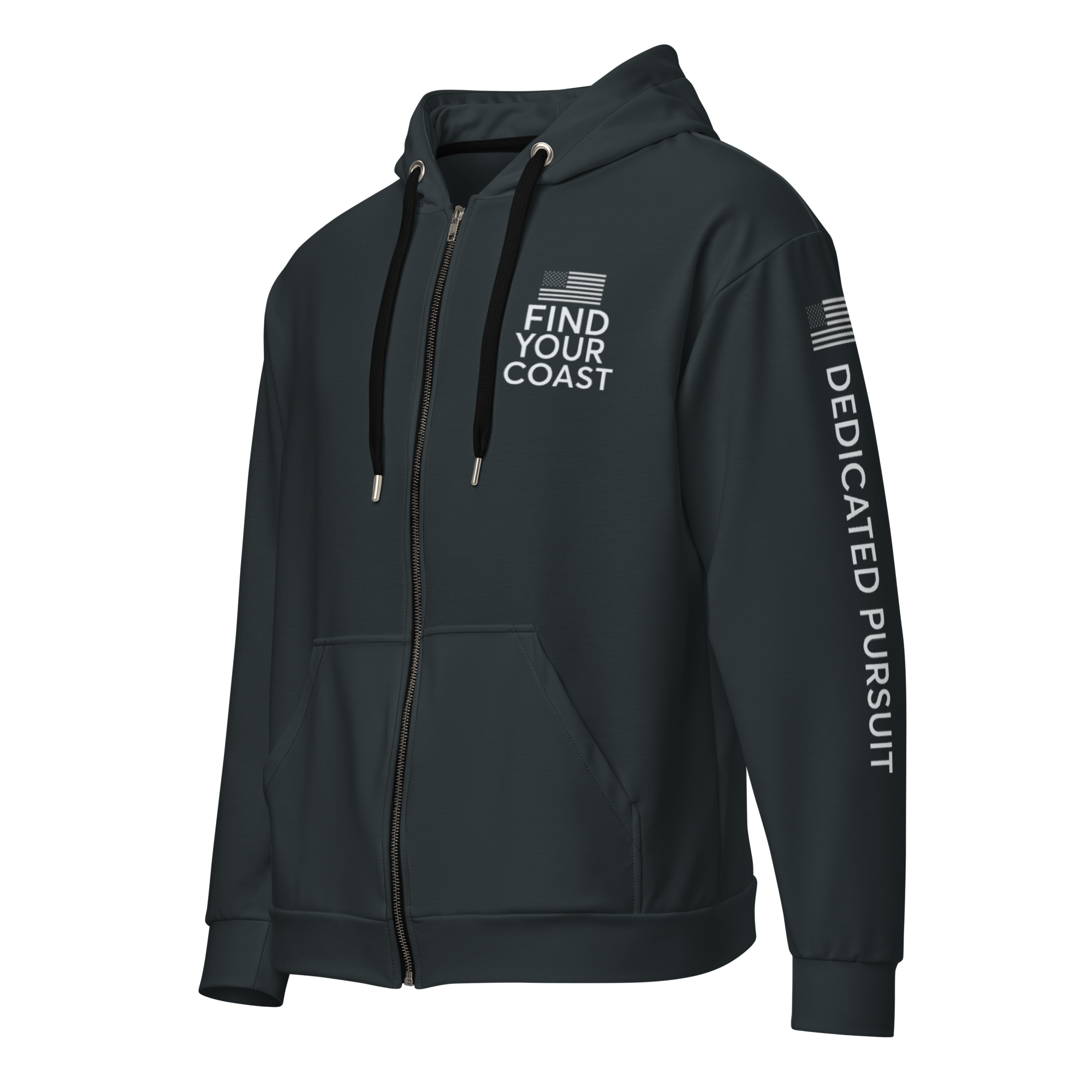 Black hoodie with text and graphics on a white background