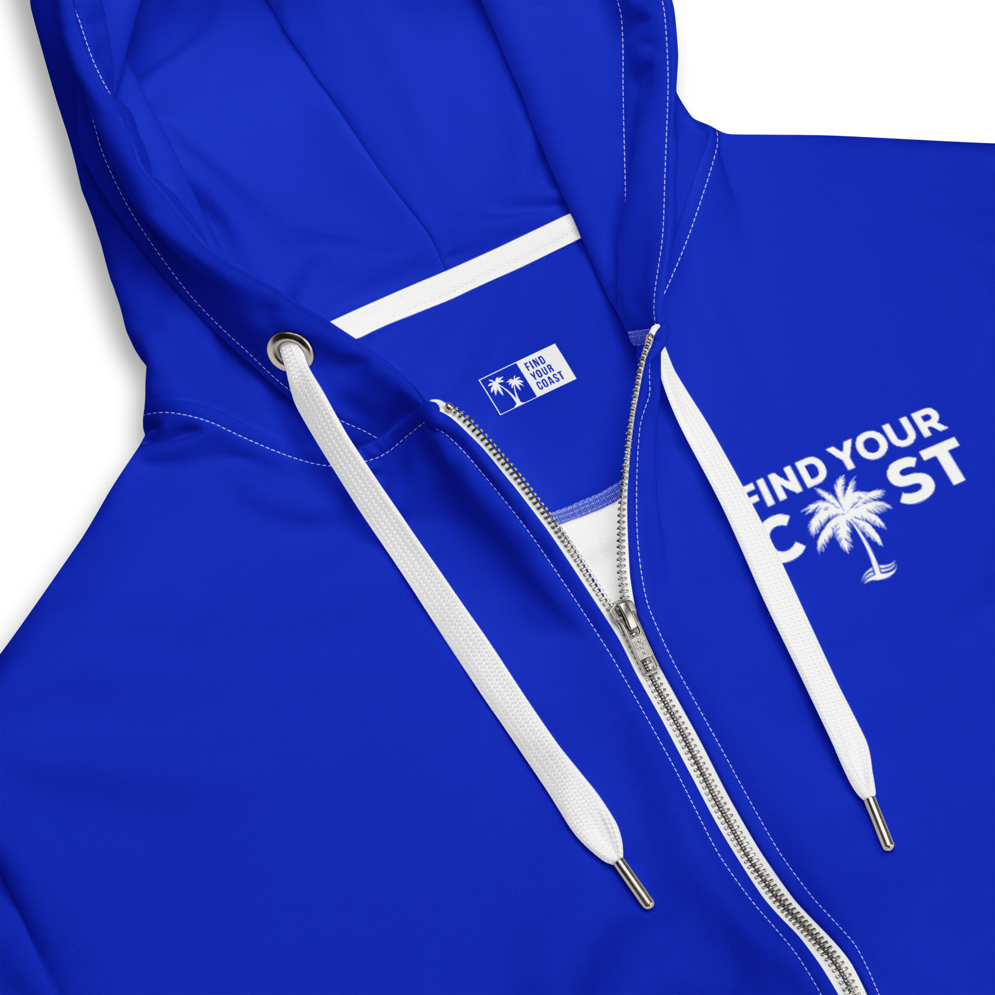 Blue hoodie with white zipper and text on a white background