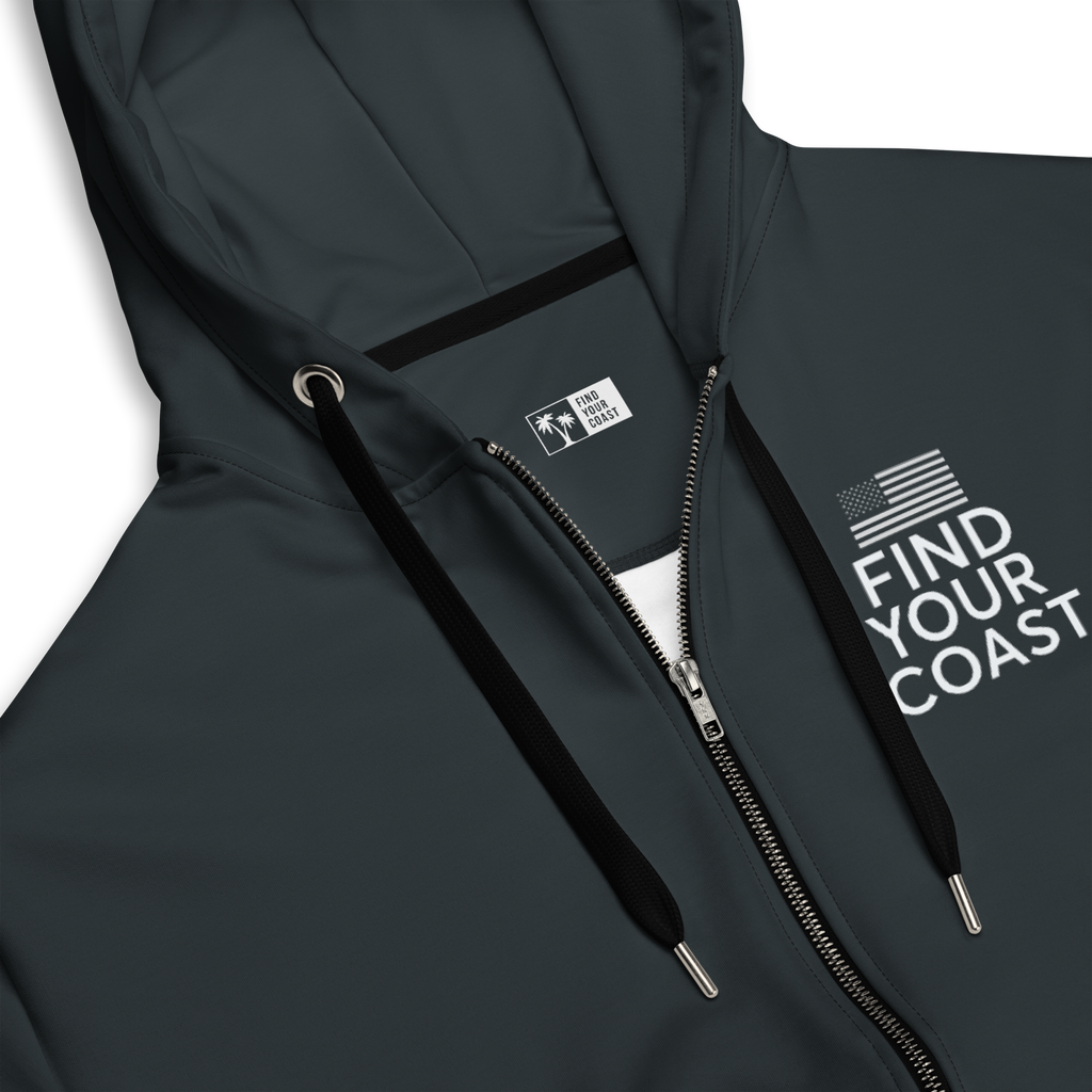 Dark gray hoodie with zipper and 'Find Your Coast' text on a white background