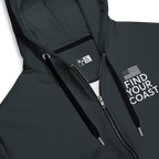 Dark gray hoodie with zipper and 'Find Your Coast' text on a white background