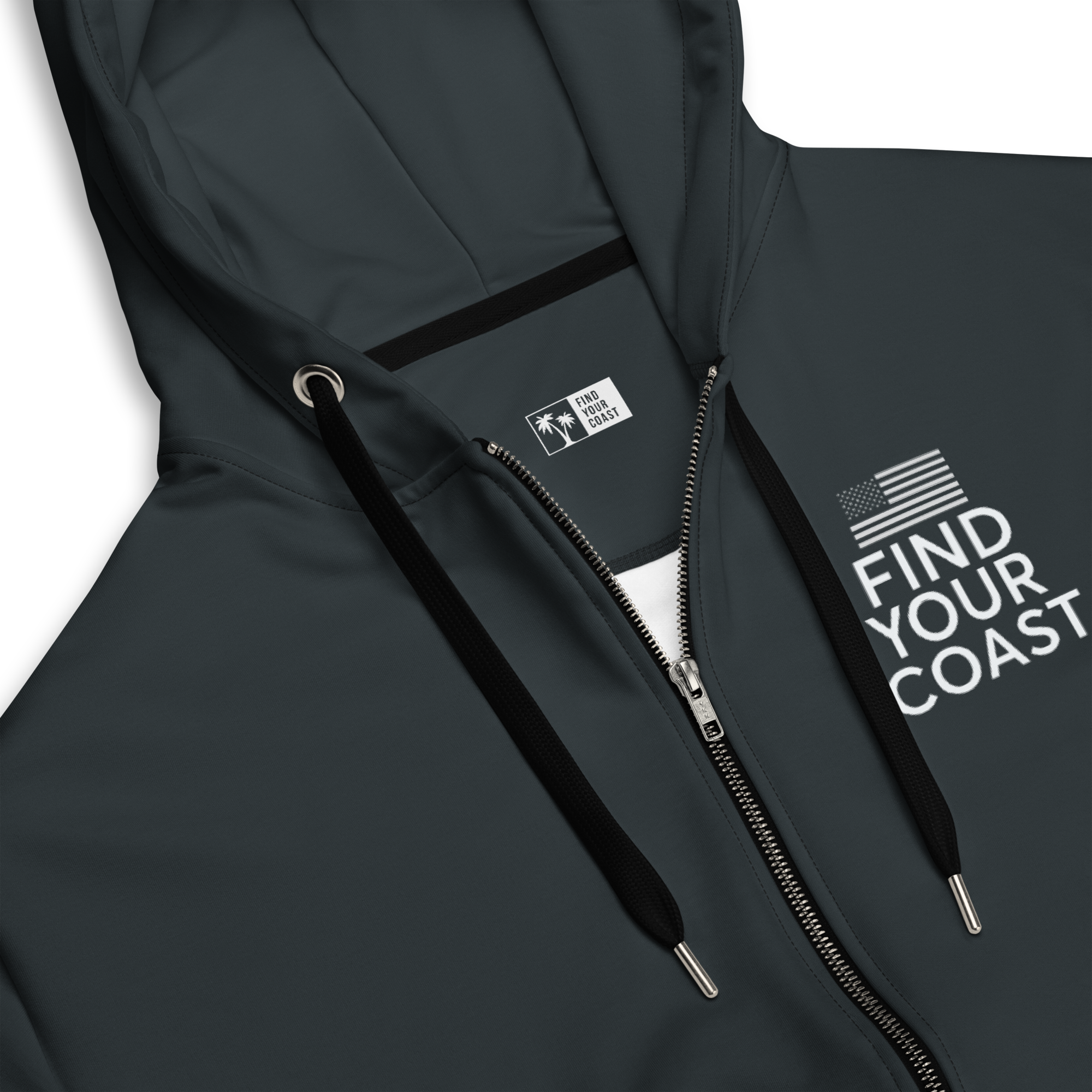 Dark gray hoodie with zipper and 'Find Your Coast' text on a white background