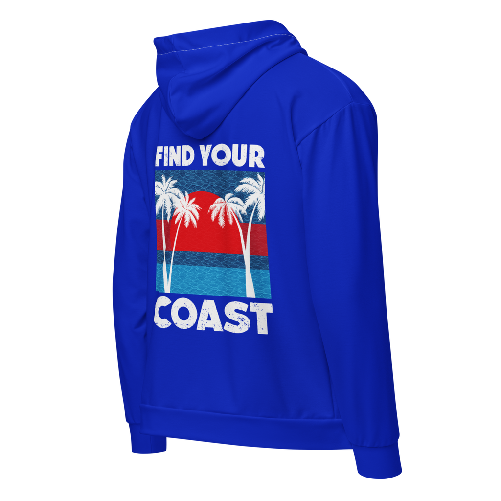 Blue hoodie with 'Find Your Coast' graphic on the back against a white background