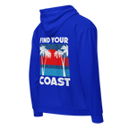 Blue hoodie with 'Find Your Coast' graphic on the back against a white background