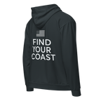 Black hoodie with 'Find Your Coast' text on the back against a white background