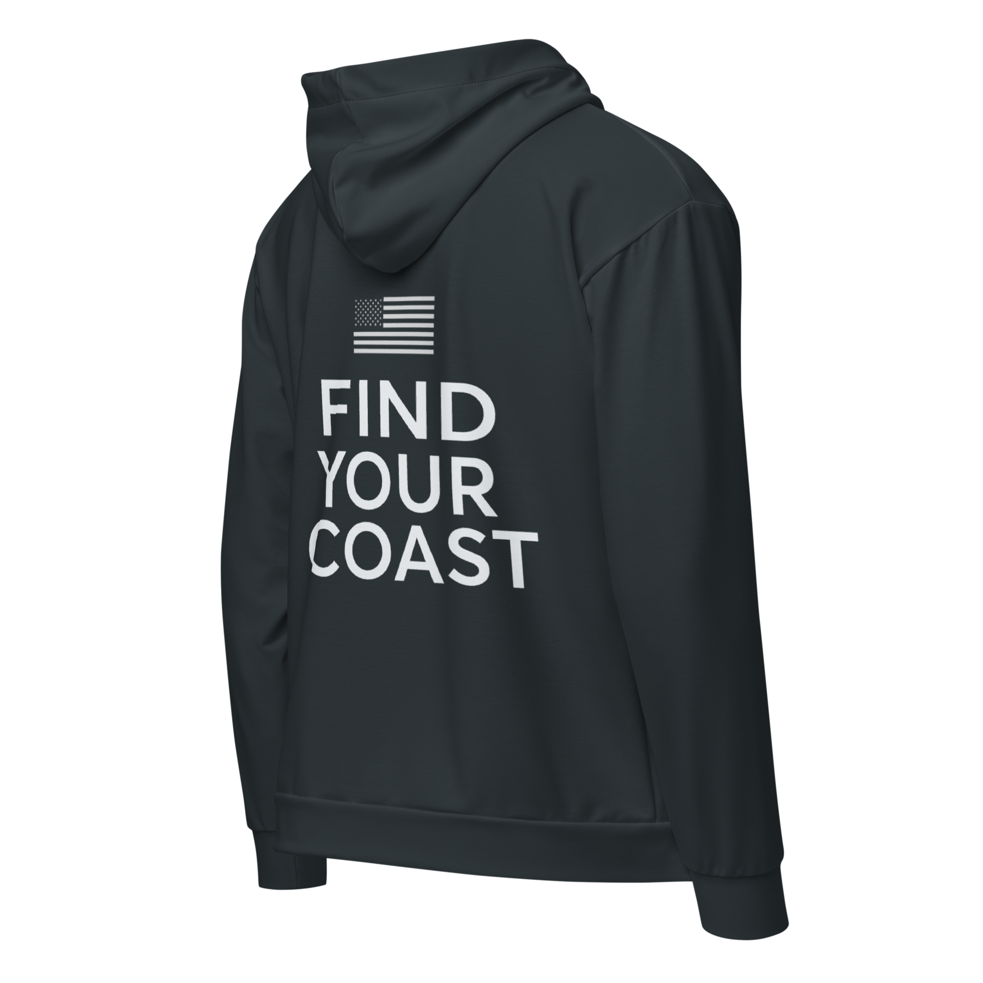 Black hoodie with 'Find Your Coast' text on the back against a white background