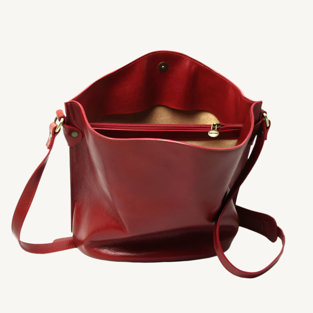 Full Grain Leather Shoulder Bag with Red Rose