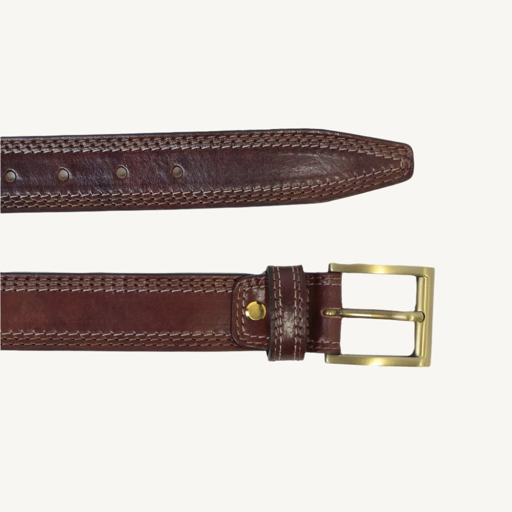 High-quality full-grain cow leather belt with triple stitching, wide 1.38 inches, nubuck leather backside, ideal for daily use.