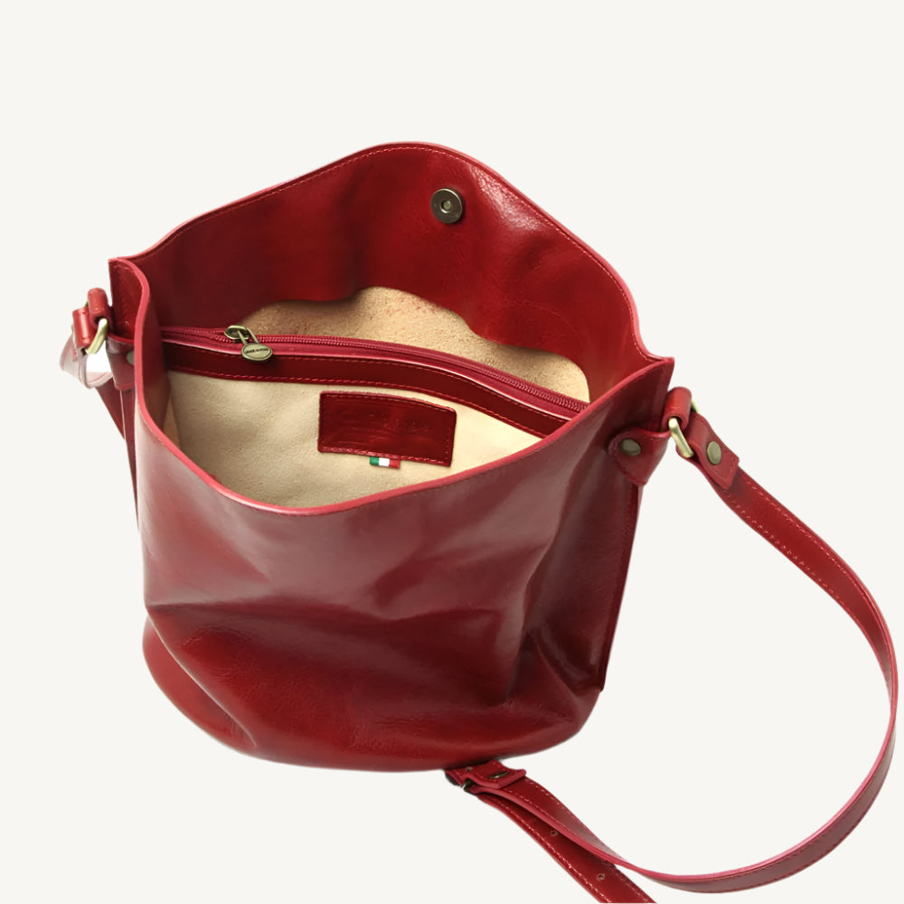 Full Grain Leather Shoulder Bag with Red Rose