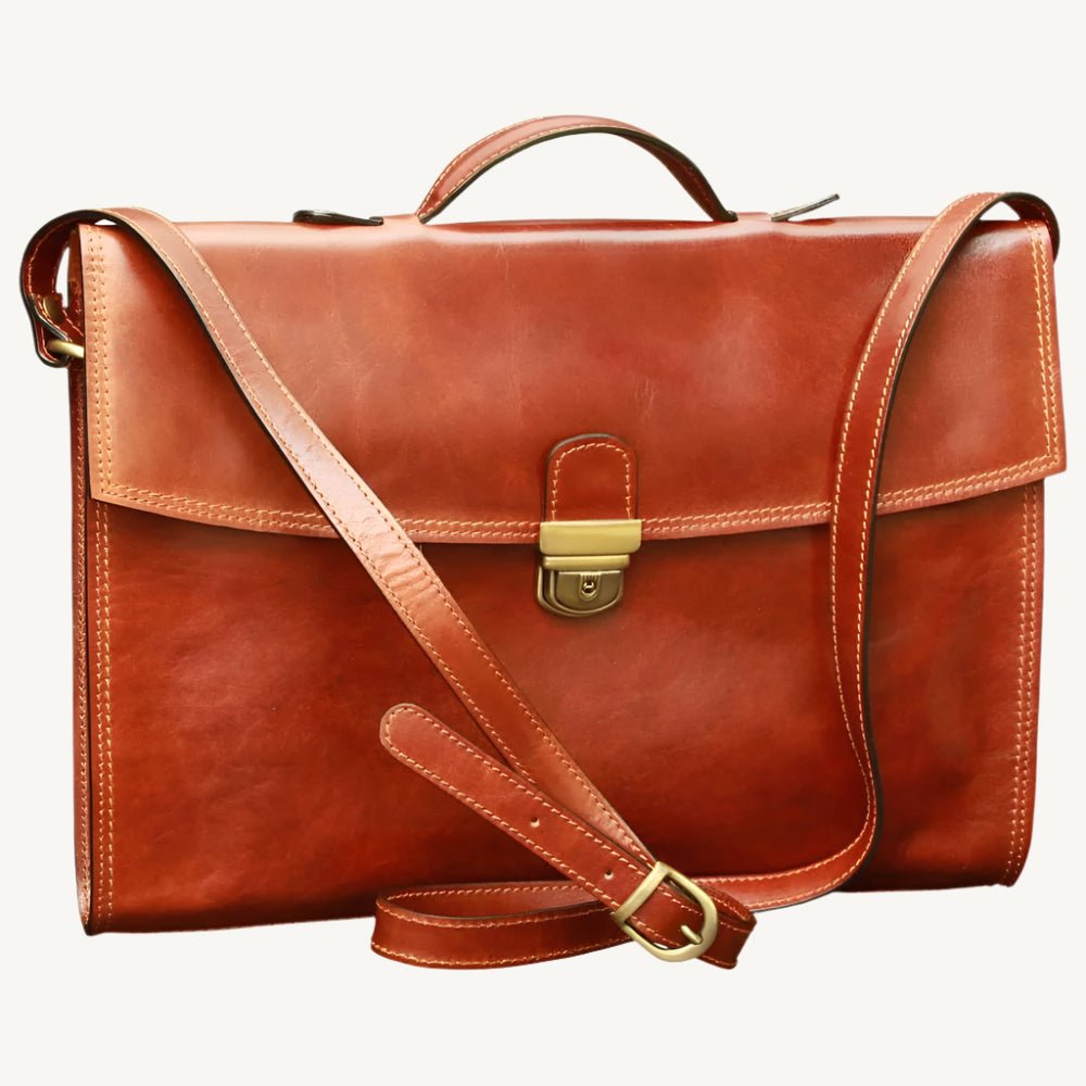 "Slim full-grain calfskin leather briefcase with lock and key closure, synthetic lining, and adjustable leather strap, perfect for modern professionals."