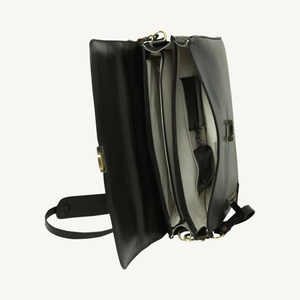"Sophisticated black full grain leather briefcase, crafted for professionals with a timeless and durable design."