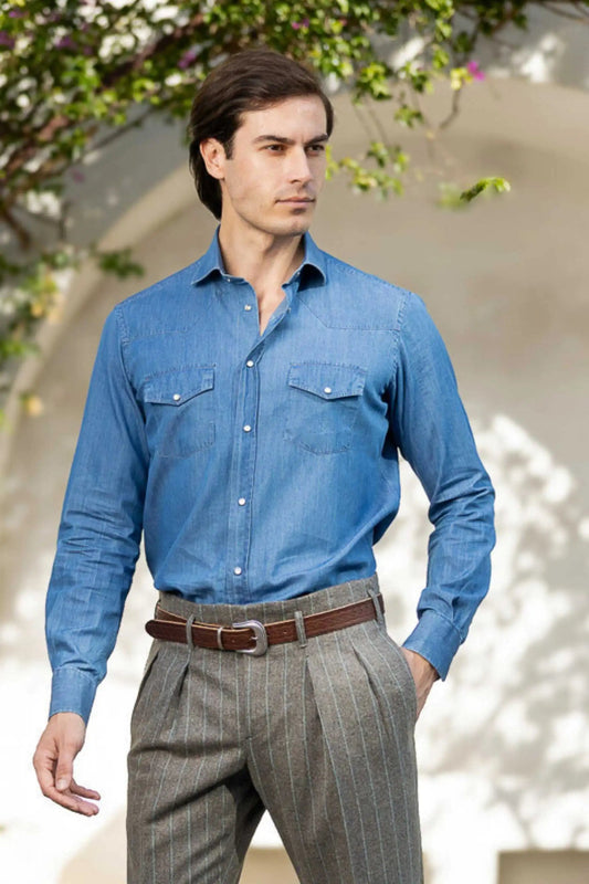 Blue denim shirt made from 100% cotton — durable, breathable, and versatile, designed for four-season wear, perfect for casual and smart-casual looks.