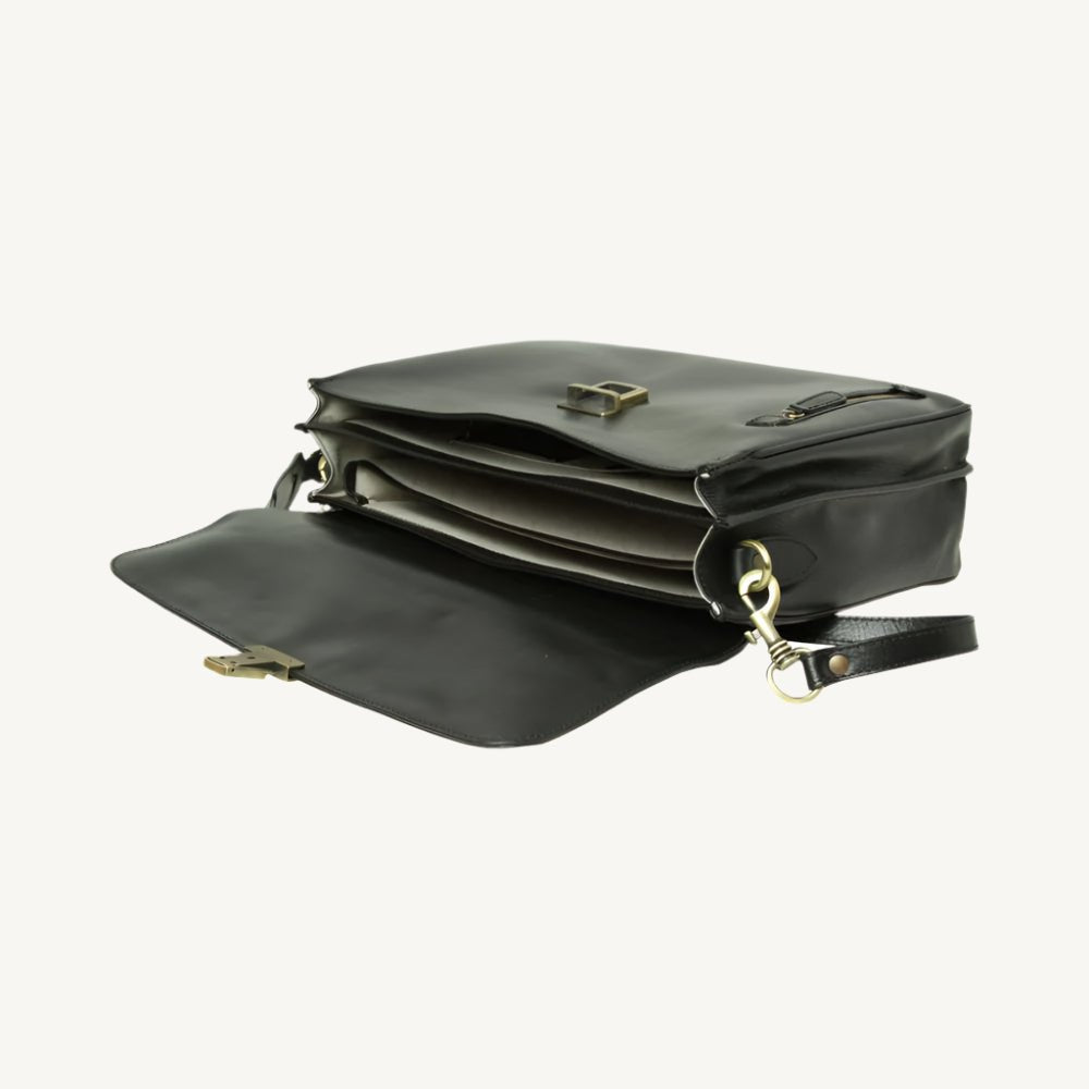 "Sophisticated black full grain leather briefcase, crafted for professionals with a timeless and durable design."