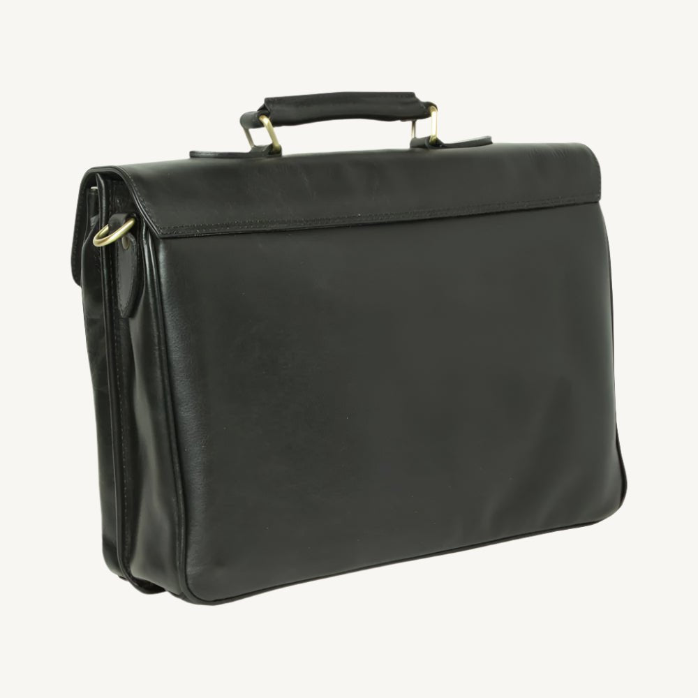 "Sophisticated black full grain leather briefcase, crafted for professionals with a timeless and durable design."