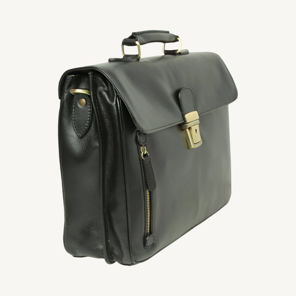 "Sophisticated black full grain leather briefcase, crafted for professionals with a timeless and durable design."